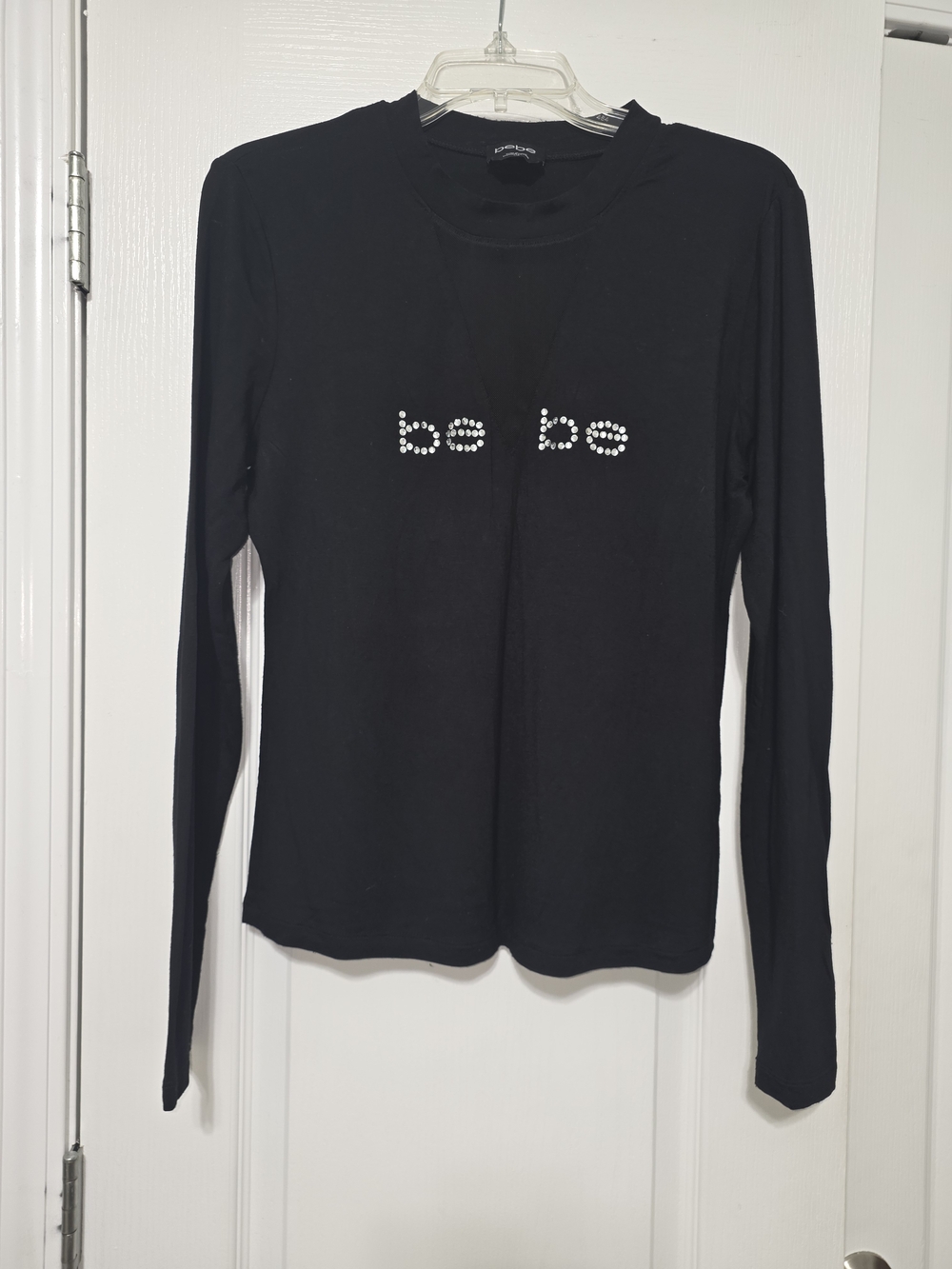 bebe Black Long Sleeve Logo Top with Silver Studs